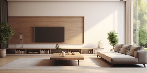Modern living room with sofa, table, window wall, and TV shelf in house.