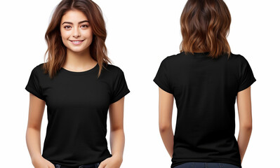 A woman or girl is wearing a black t-shirt with half sleeves, both on the front and back sides.	
