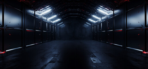 Cyber Underground Alien Metal Spaceship Bunker Tunnel Corridor Studio Showroom Warehouse Concrete Floor Red Blue Lights Empty Space Background 3d Rendering