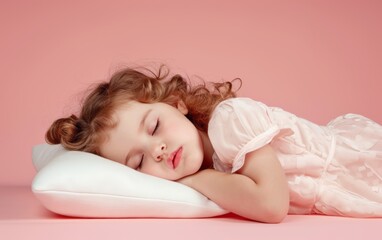 Cute girl sleeping on pillow. Soft pink background.