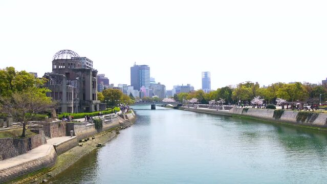 多くの桜花見客が行き交う春の広島平和記念公園の元安川沿いの風景 4K 2023年3月30日