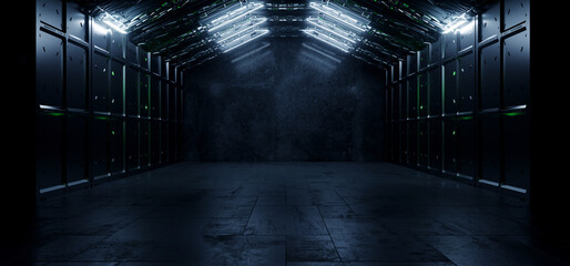 Cyber Sci Fi Underground Alien Metal Spaceship Bunker Tunnel Corridor Studio Showroom Warehouse Concrete Floor Red Blue Lights Empty Space Background 3d Rendering