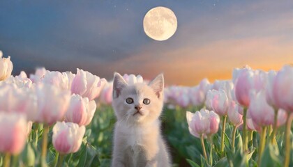 満月と花と空を眺めるかわいい子猫 - obrazy, fototapety, plakaty