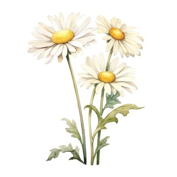 Daisy flower watercolor illustration. Floral blooming blossom painting on white background