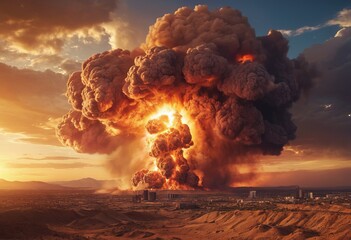 Atomic bomb in city. Symbol of war, end of world. Nuclear explosion - obrazy, fototapety, plakaty