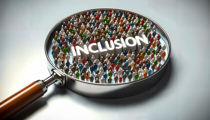 Magnified Diversity: Focus on Inclusion. Beneath the crowd the word 'INCLUSION' is engraved on the surface. The magnification signifies the importance of recognizing and valuing individual differences