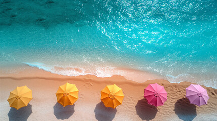 Colorful Beach Umbrellas on Pristine Sandy Shoreline.