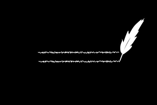 Feather, quill pen writing text animation. Retro, literature, writer concept. Black background.	