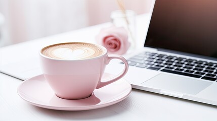 Obraz na płótnie Canvas Pink Cup with a Heart on a Saucer, holding a laptop computer