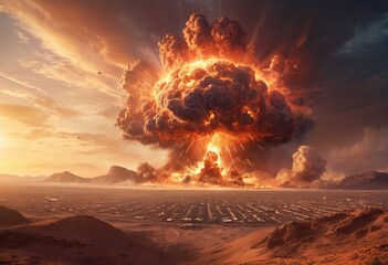 Atomic bomb in city. Symbol of war, end of world. Nuclear explosion