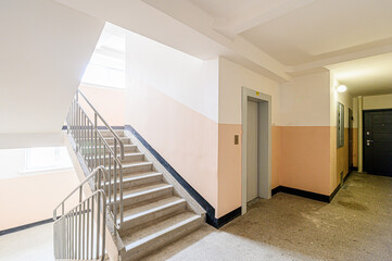 interior public place, house entrance. doors, walls, corridors staircase stairs, steps