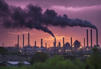 Smoke from heating station in big city during winter season at sunset. Smokestack pipes emitting co2 from coal thermal power plant into atmosphere. Air pollution and emission ecology problem concept