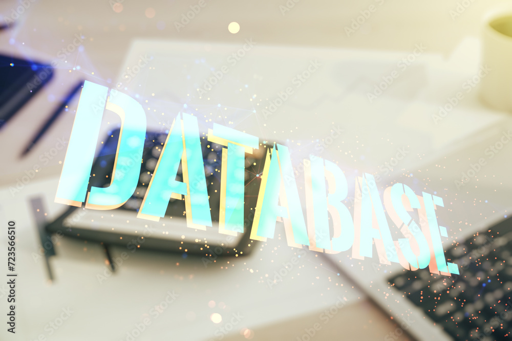 Poster double exposure of database word sign on calculator and laptop background, global research and analy