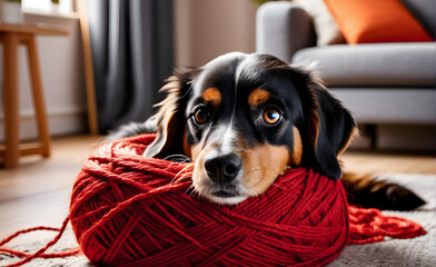 Dog tangled in a ball of yarn, expression of comical distress, yarn vibrant red, whiskers disheveled, backdrop of cozy living room. Generative AI