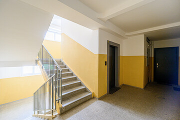 interior public place, house entrance. doors, walls, corridors staircase