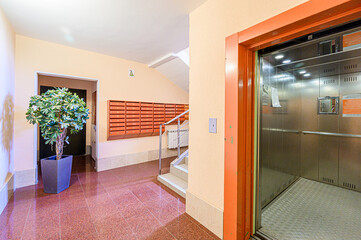 interior public place, house entrance. doors, walls, corridors staircase
