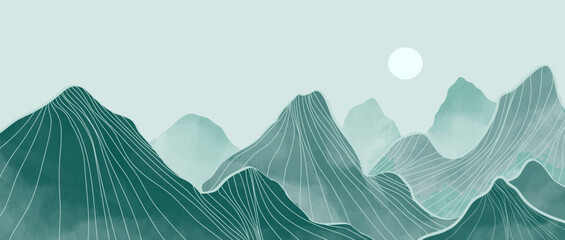 Mountain landscape watercolor painting illustration with line art pattern. Abstract contemporary aesthetic backgrounds landscapes. mountains, hills and skyline - obrazy, fototapety, plakaty