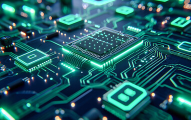 Fototapeta premium Modern digital processor technology, blue-themed computing and electronics background, abstract motherboard and circuit design