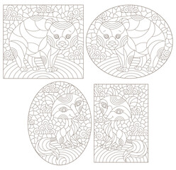 Set of contour illustrations in the style of stained glass with cute cartoon bear and fox, dark outlines on a white background