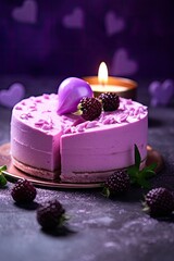 Obraz na płótnie Canvas Pink Velvet Cake with Fresh Berries and a Burning Candle