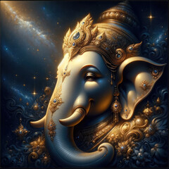 A close-up of Ganesha's face, depicted in rich golden tones and adorned with intricate jewelry