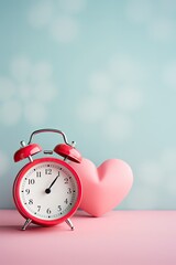 Heart-shaped red alarm clock with a heart-shaped pink plaque