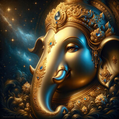 A close-up of Ganesha's face, depicted in rich golden tones and adorned with intricate jewelry