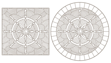 A set of contour illustrations in the style of stained glass on a marine theme, anchor and steering wheel, dark contours on a white background