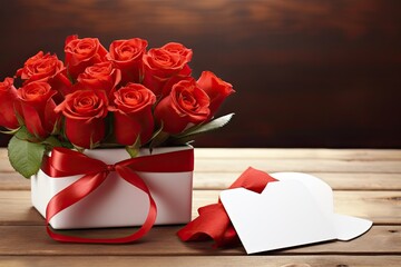 Beautiful red roses in a white box tied with a bow