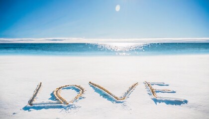 白いビーチの砂に書かれたLOVE　ロマンチックな背景