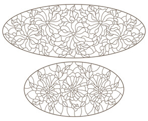 A set of contour illustrations of stained glass with flowers, dark contours on a white background