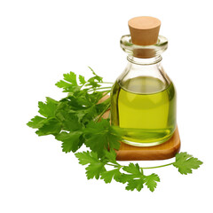 fresh raw organic parsley oil in glass bowl png isolated on white background with clipping path. natural organic dripping serum herbal medicine rich of vitamins concept. selective focus