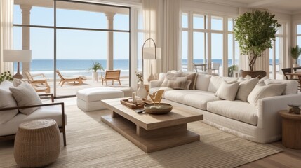 Fototapeta premium beautiful small space casual living family room soft neutral wood beams and a gorgeous grouping of swivel color fabric chairs around a striking coffee table coastal design nature freshness home