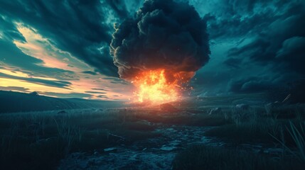Huge bomb explosion destroy everything near it, Massive fire explosion or strike in military combat and war. Military Concept. Strength, power, explosion 