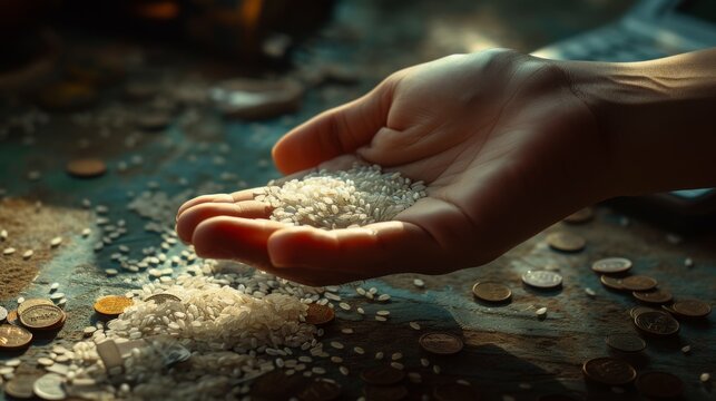 A detailed photograph of a hand gently holding rice grains, symbolizing charity and Zakat, the hand appears caring and compassionate, against a soft, office table with calculator coins and paper.