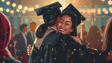 Obraz premium A joyful scene of a girl in her graduation gown and cap, hugging her parents at the graduation ceremony. Proud smiles, festive atmosphere, university campus in the background.