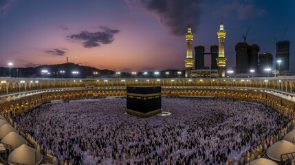 A panoramic view of the Kaaba in Mecca during Hajj, with thousands of pilgrims circling the structure. Emphasis on the grandeur of the Kaaba, the vastness of the Masjid al-Haram - obrazy, fototapety, plakaty