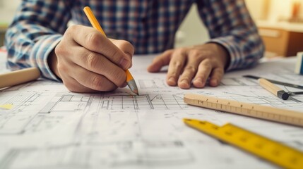Architect marking blueprints for home renovation project.  - obrazy, fototapety, plakaty