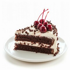 Black Forest Cake served on a plate. White background.