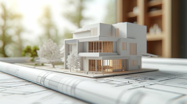 Blueprints model for home with 3 dimension wireframe style on the table, reference drawing on the table. Realistic and detailed for architectural presentation.