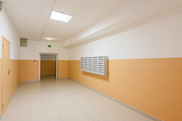 interior public place, house entrance. doors, walls, corridors staircase
