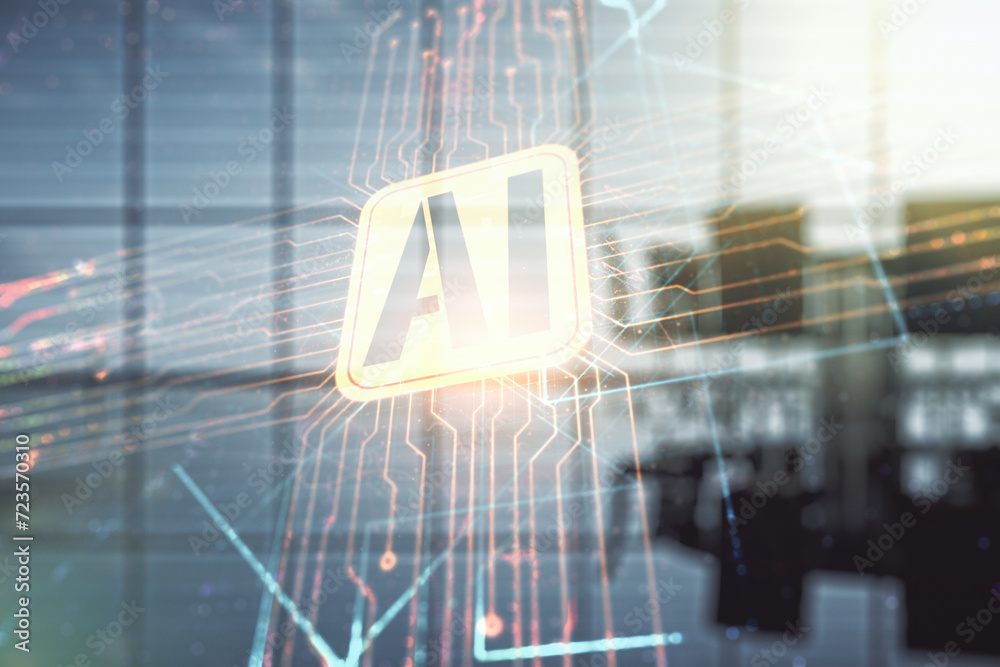 Aufkleber Double exposure of creative artificial Intelligence icon on a modern meeting room background. Neural networks and machine learning concept