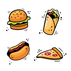 Hand drawn fast food icons Hot dog, Hamburger, Pizza, Doner Kebab. Sketch of snack elements isolated on white background. Fast food illustration in doodle style. Fast food collection.