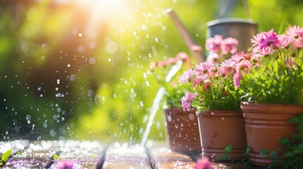 Gardening background with flowerpots made of recycling materials, water spray in sunny spring or summer garden. - obrazy, fototapety, plakaty