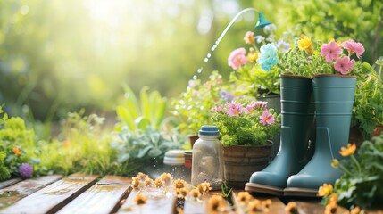 Gardening background with flowerpots made of used plastic bottles, boots and used glass jar, water sprinkler in sunny spring or summer garden background.