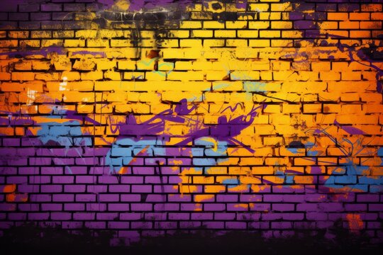 Graffiti background on a brick wall, black yellow purple © Denis