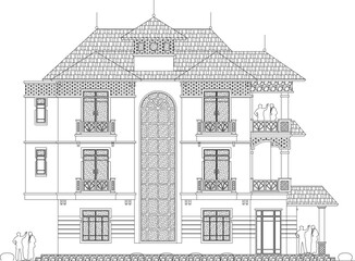Sketch vector illustration design architectural drawing of classic vintage Mediterranean luxury old house