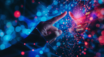 Hand, internet and big data connection dots for cloud storage, artificial intelligence and coding. Blue, lines and network connectivity for ai algorithm, quantum computing and communication backgroun