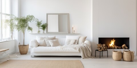 Spacious white apartment with mirror, fireplace, and comfortable sofa in living room.