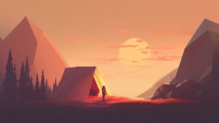 Illustration Style Sunset Mountain Top Camping